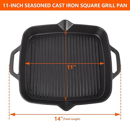 11" Cast Iron Square Grill Pan, Professional Pre-Seasoned Griddle with Handles, Heavy Duty Cooking Skillet, Induction Compatible, Suitable for Stovetop, Oven, BBQ & Fire, Indoor Outdoor Use
