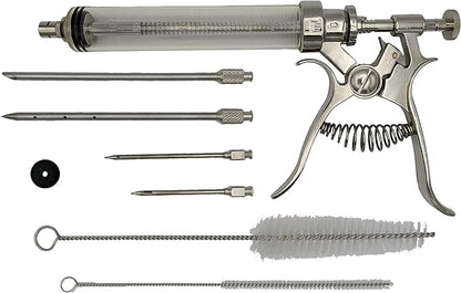 BBQ Smoker Grill Professional Meat Injector Syringe Kit for Smoking with Case, Heat Resistant Non Slip Gloves and Silicone Mop Brush for Turkey Marinade Injection