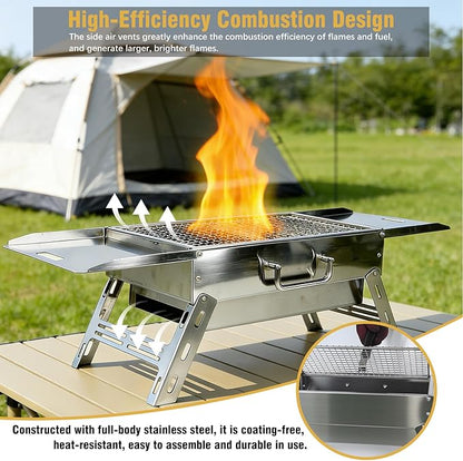 Portable Tabletop Charcoal Grill, Foldable Stainless Steel Mini BBQ Grill with Carry Bag, Lightweight Small Camping Picnic Travel Tailgating Patio Grill