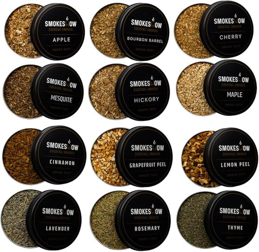 Wood Chips for Cocktail Smoker 4 oz tins. Apple, Hickory, Cherry, Bourbon Soaked Oak, Maple, Mesquite, Cinnamon, Thyme, Rosemary, Lemon Peel, Grapefruit Peel and Lavender (All 12 Flavors)