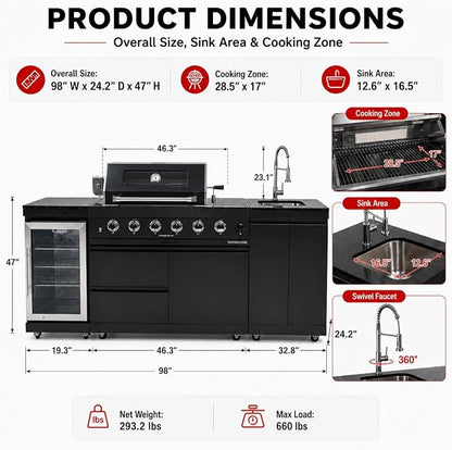 98-Inch Outdoor Kitchen Grill Island, 6-Burner 72,000 BTU Propane Gas BBQ Grill with Refrigerator, Rotisserie Kit, Stainless Steel Countertops, Storage Cabinets & Drawers, Black