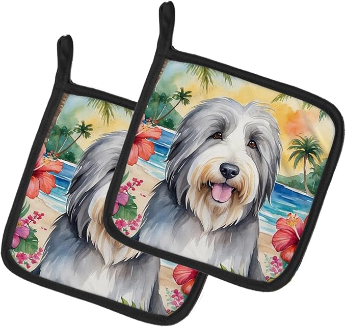 Caroline's Treasures Bearded Collie Luau Pair of Pot Holders Kitchen Heat Resistant Pot Holders Sets Oven Hot Pads for Cooking Baking BBQ, 7 1/2 x 7 1/2