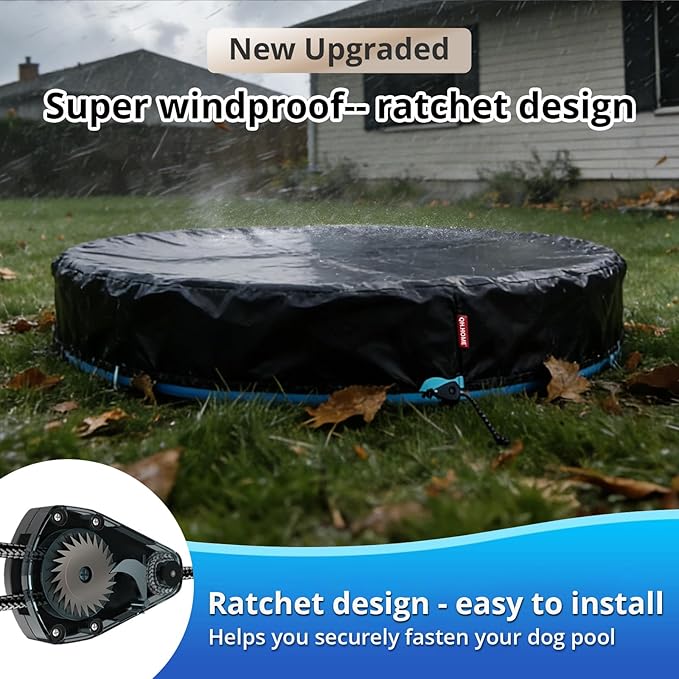 QH.HOME 87 inch Kiddie Pool Cover Round, Collapsible Dog Pool Cover with Super Windproof Ratchet Design, Odorless Waterproof Fabric Material and - Only Cover