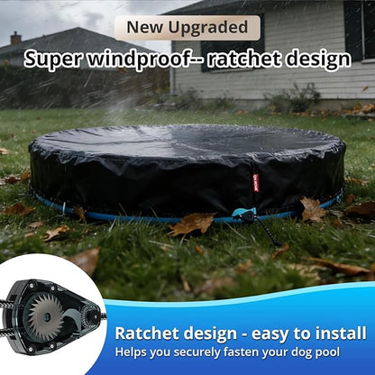 QH.HOME 63-64 inch Kiddie Pool Cover Round, Collapsible Dog Pool Cover with Super Windproof Ratchet Design, Odorless Waterproof Fabric Material and - Only Cover