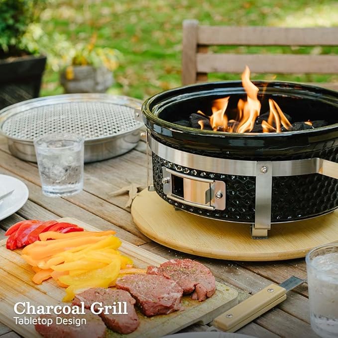 Ash & Ember 14" Hibachi Tabletop Grill & Griddle Set, Ceramic Charcoal Grill, Stainless Steel Cooking Grate, Non-Stick Maifan Griddle, Griddle Lifter, Adjustable Temp Control