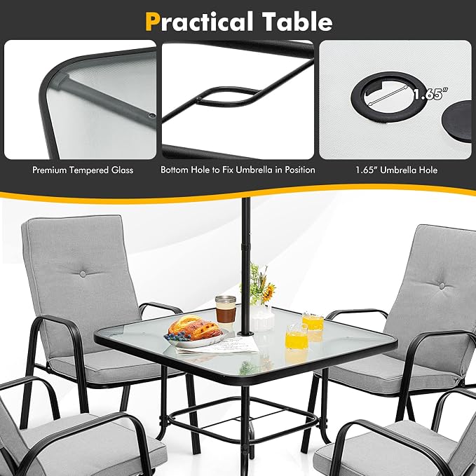 Tangkula 35" Glass Top Patio Dining Table for 4, Square Outdoor Table with Tempered Glass Tabletop, 1.65" Umbrella Hole & Metal Frame, 4-Person Outside Dining Table for Backyard, Lawn, Deck & Poolside