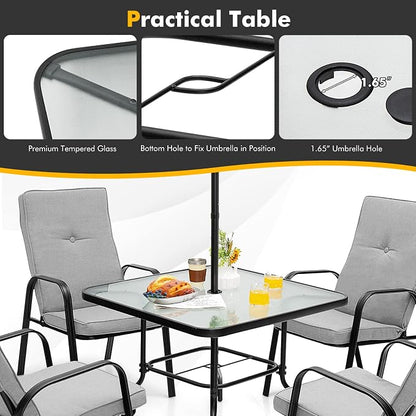 Tangkula 35" Glass Top Patio Dining Table for 4, Square Outdoor Table with Tempered Glass Tabletop, 1.65" Umbrella Hole & Metal Frame, 4-Person Outside Dining Table for Backyard, Lawn, Deck & Poolside