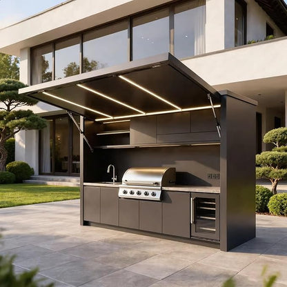 Prefab Outdoor Kitchen Suite - Modern BBQ Island with Automatic Hydraulic Canopy - Custom Configurations for Any Backyard