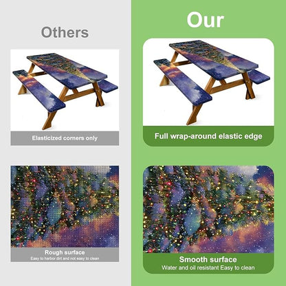 Christmas Picnic Table Cover with Bench Cover, Outdoor Picnic Table Elastic Tablecloth, Green Santa Claus and Reindeer Design, Camping, Barbecue and Holiday Party Tablecloth
