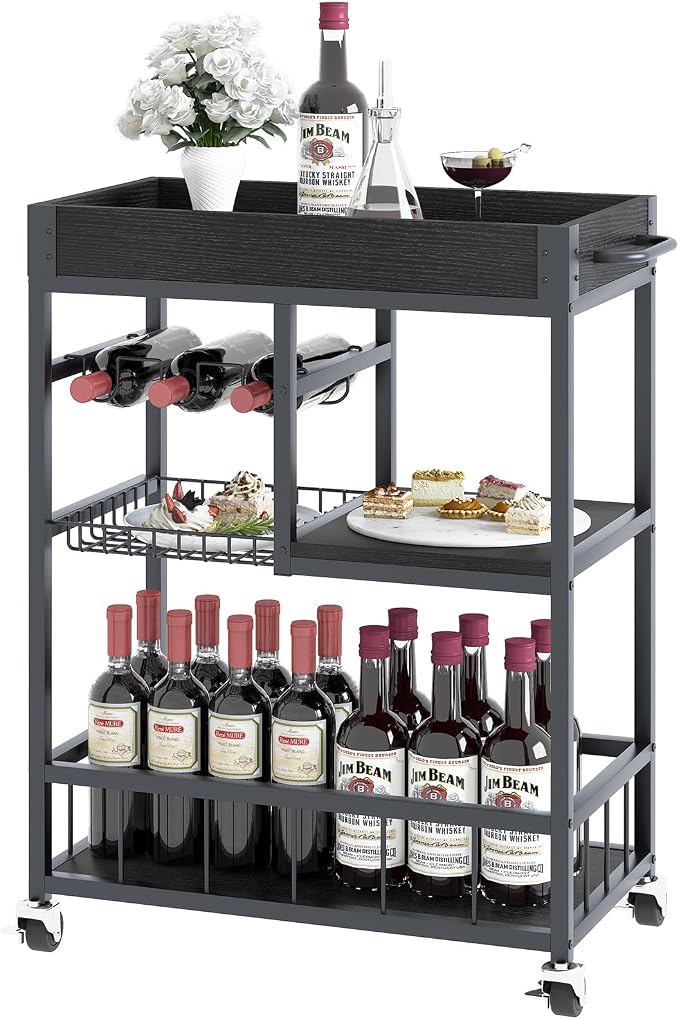Bar Cart with Basket Wine Rack with Wheels Wood Metal Cart for Party | Basket