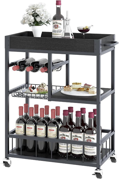 Bar Cart with Basket Wine Rack with Wheels Wood Metal Cart for Party | Basket