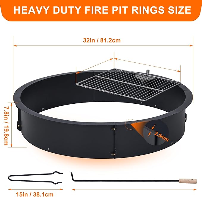 32" Outdoors Camping Firepit Ring, Wood Burning Fire Pits, Round Heavy Duty Firepits Ring with Tongs for Outdoor Park, Backyard