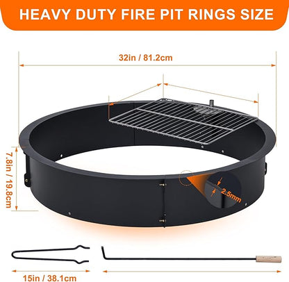 32" Outdoors Camping Firepit Ring, Wood Burning Fire Pits, Round Heavy Duty Firepits Ring with Tongs for Outdoor Park, Backyard