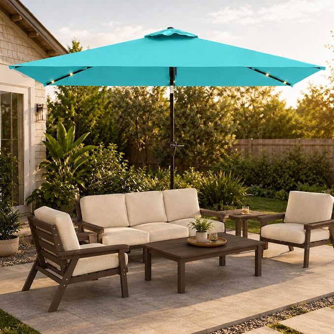 6.5 x 10ft Rectangular Patio Umbrella with Solar Lights, 16 LED Lighted Market Umbrella with Push-Button Tilt and Crank, 6 Sturdy Iron Ribs for Garden, Deck, Pool, Aqua Blue