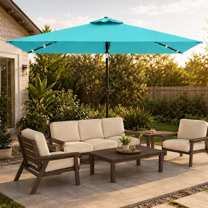 6.5 x 10ft Rectangular Patio Umbrella with Solar Lights, 16 LED Lighted Market Umbrella with Push-Button Tilt and Crank, 6 Sturdy Iron Ribs for Garden, Deck, Pool, Aqua Blue