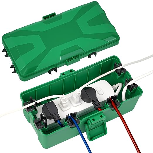 Medium Outdoor Electrical Box(10.4x6x4.2inch), IP54 Waterproof, Weatherproof Connection Box w/6 Cable Entry Ports, Extension Cord Cover Protect Power Strip, String Lights, Timer, Plug, Green