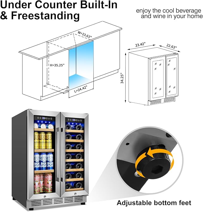 24" Dual Zone Wine and Beverage Refrigerator, Under Counter/Freestanding | 20-Bottle & 90-Can large capacity, Upgraded cooling performance, Digital temp display, Energy efficient, Home bar kitchen