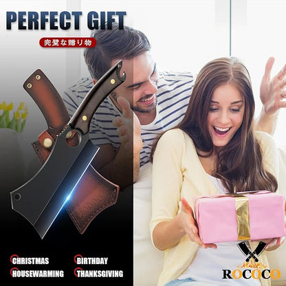 ROCOCO Butcher Meat Cleaver Knife - Hand Forged Meat Cutting Knife with Sheath Outdoor BBQ Camping Birthday Christmas Gift Idea Men Black 5.9"