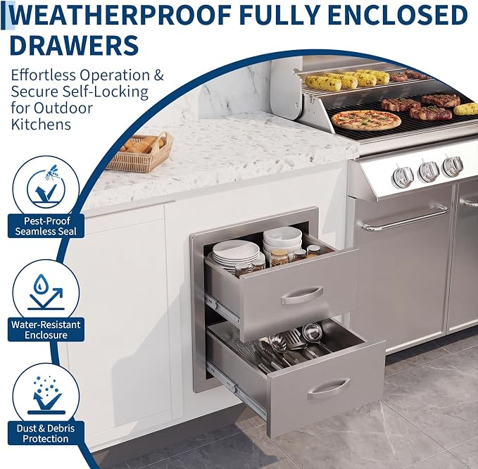 Garvee Outdoor Kitchen Drawers 14"Wx23"Dx15"H, Flush Mount Access BBQ Drawers with full Stainless Steel,Weatherproof & Rust-Resistant,for Outdoor Kitchen Island, Patio Grilling Tools & Spices | Stainless Steel - Weatherproof Rust-Resistant Drawers for ...