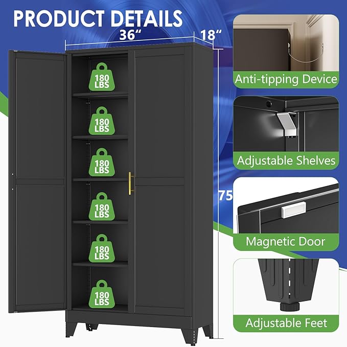 75" Metal Garage Storage Cabinet with 2 Doors and 5 Adjustable Shelves,Metal Storage Cabinets,Steel Tool Cabinets for Home,Office,Garage,Warehouse (Black, 75''H x 36''W x 18''D)