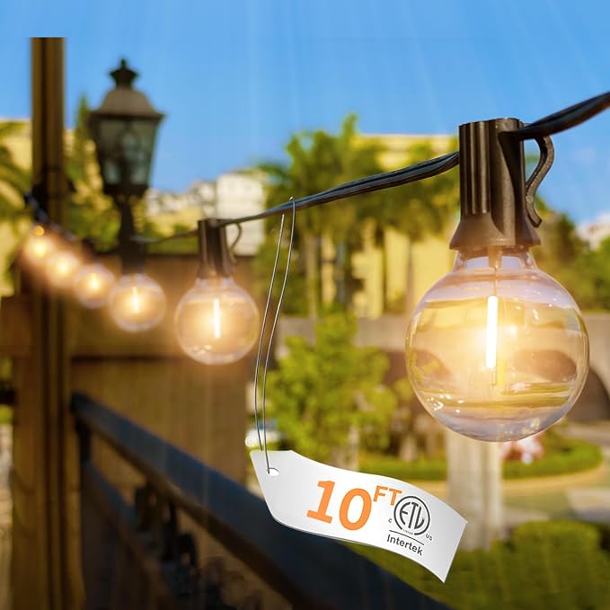 10FT Outdoor String Lights - LED Patio Lights Waterproof G40 Plastic Globe Bulbs, Connectable Shatterproof Hanging Outdoor Lights for Indoor Backyard Yard Gazebo Porch Party Decor