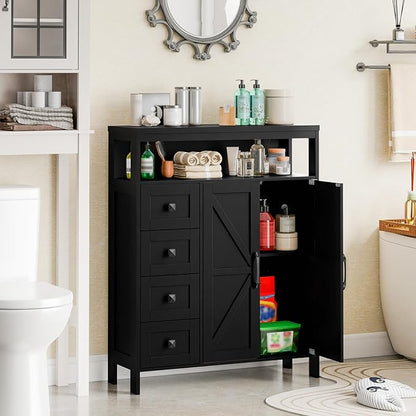 Vabches Farmhouse Storage Cabinet with 2 Doors and 4 Drawers, Freestanding Bathroom Compartment Kitchen Pantry Cabinet, Floor Cupboard for Kitchen/Living Room/Bathroom,Pure Black