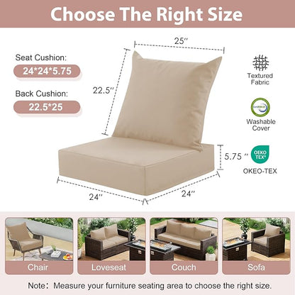 Outdoor Deep Seat Cushion Set, 24x24 Inch, Beige, Set of 6 | Water-Resistant, Fade-Resistant, Removable Cover, For Patio Chair & Sofa&Furniture