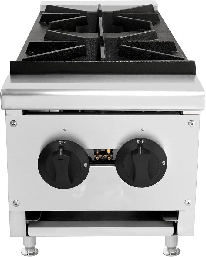Commercial Hot Plate,Countertop Restaurant Kitchen Stove,NG LP Convertible Supply,Independent Controls,Cast Iron Grates,Standing Pilot Ignition,Adjustable Legs,Removable Waste Tray (Silver,2 Burner)