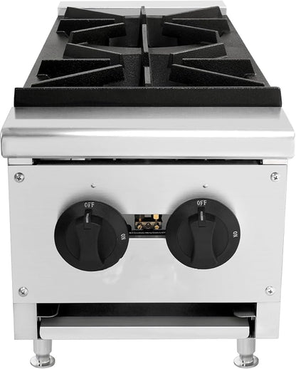Commercial Hot Plate,Countertop Restaurant Kitchen Stove,NG LP Convertible Supply,Independent Controls,Cast Iron Grates,Standing Pilot Ignition,Adjustable Legs,Removable Waste Tray (Silver,2 Burner)