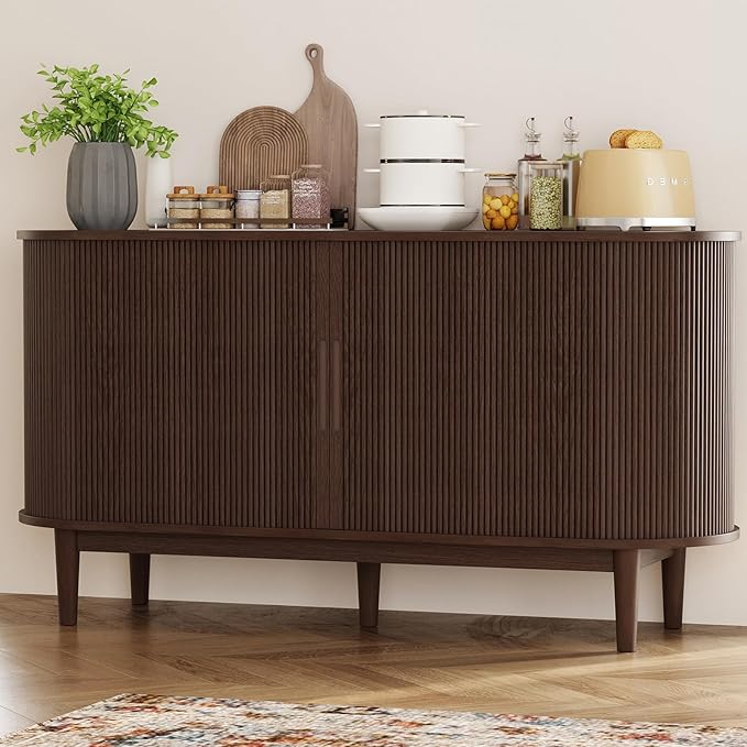 LINSY HOME 55" Sideboard Buffet Cabinet,Tambour Sliding Doors & Drawer | Vintage Walnut Fluted Coffee Bar Cabinet with Storage, Mid Century Modern Wood Storage Buffet Table for Kitchen, Living Room