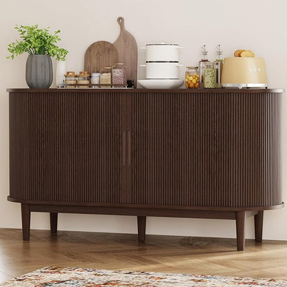 LINSY HOME 55" Sideboard Buffet Cabinet,Tambour Sliding Doors & Drawer | Vintage Walnut Fluted Coffee Bar Cabinet with Storage, Mid Century Modern Wood Storage Buffet Table for Kitchen, Living Room
