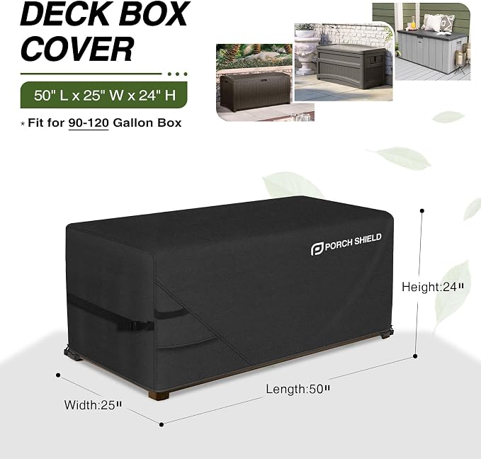 Porch Shield Patio Deck Box Storage Cover - 600D Outdoor Waterproof Cover for 90-116 Gallon Box Tear Resistant Rectangular Fire Pit Table Covers 50 x 25 x 24 inch Black