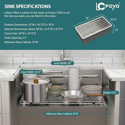 32x17 Inch Undermount Kitchen Sink with Upgraded Fast Drain & Anti-Clog All-In-One, 16 Gauge Stainless Steel Workstation Sink, Single Bowl Deep Under Counter Sink