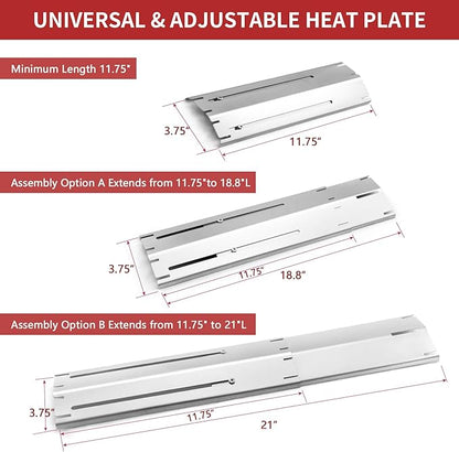 Adjustable Heat Plate Shield, Universal Heat Burner Tents, Heavy Duty Flame Tamer for Charbroil and Other Gas Grill Models, BBQ Replacement Parts, Extends from 11.75" up to 21" L, 3Pack