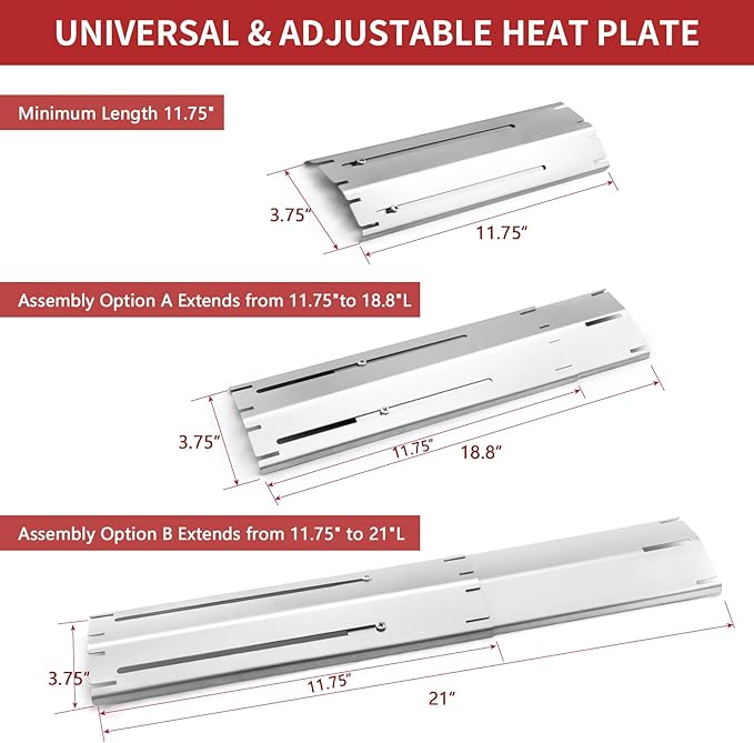 Adjustable Heat Plate Shield, Universal Heat Burner Tents, Heavy Duty Flame Tamer for Charbroil and Other Gas Grill Models, BBQ Replacement Parts, Extends from 11.75" up to 21" L (4 Pack)