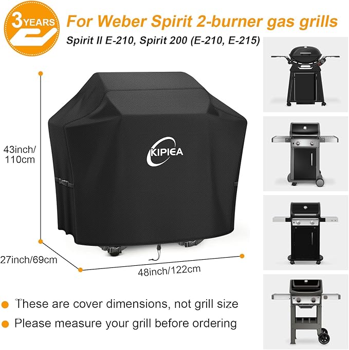 Kipiea 600D Heavy Duty Gas Grill Cover for Weber Spirit 2-Burner Grills, Including Spirit II E-210, 48-Inch Waterproof BBQ Cover with Windproof Buckles, UV Resistant, No Tear, No Fading