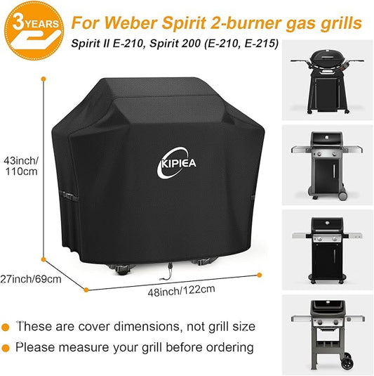 Kipiea 600D Heavy Duty Gas Grill Cover for Weber Spirit 2-Burner Grills, Including Spirit II E-210, 48-Inch Waterproof BBQ Cover with Windproof Buckles, UV Resistant, No Tear, No Fading