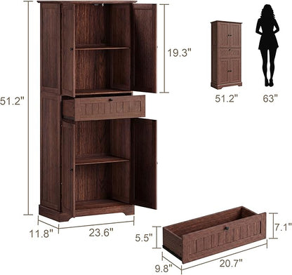 ChooChoo 51" H Bathroom Floor Cabinet with Drawers and Adjustable Shelves | Bathroom Storage Cabinet, Freestanding Kitchen Pantry Cupboard with 4 Doors for Living Room, Walnut