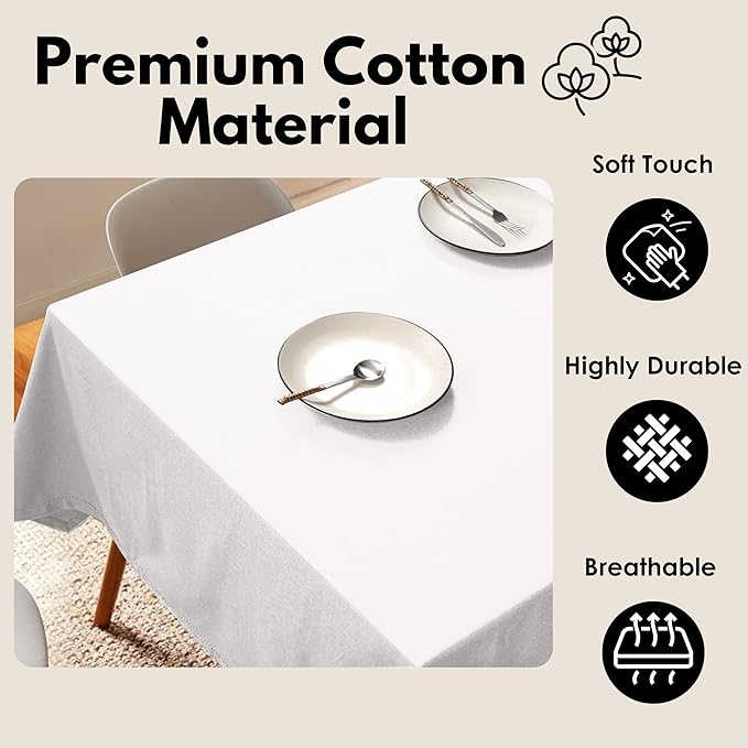 Rectangle Table Cloths 52 Inch x 70 Inch 100% Cotton Decorative Washable Rustic Tablecloth Cover for Gifts, Buffet, Dining, Kitchen & Camping - White