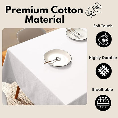 Rectangle Table Cloths 52 Inch x 70 Inch 100% Cotton Decorative Washable Rustic Tablecloth Cover for Gifts, Buffet, Dining, Kitchen & Camping - White
