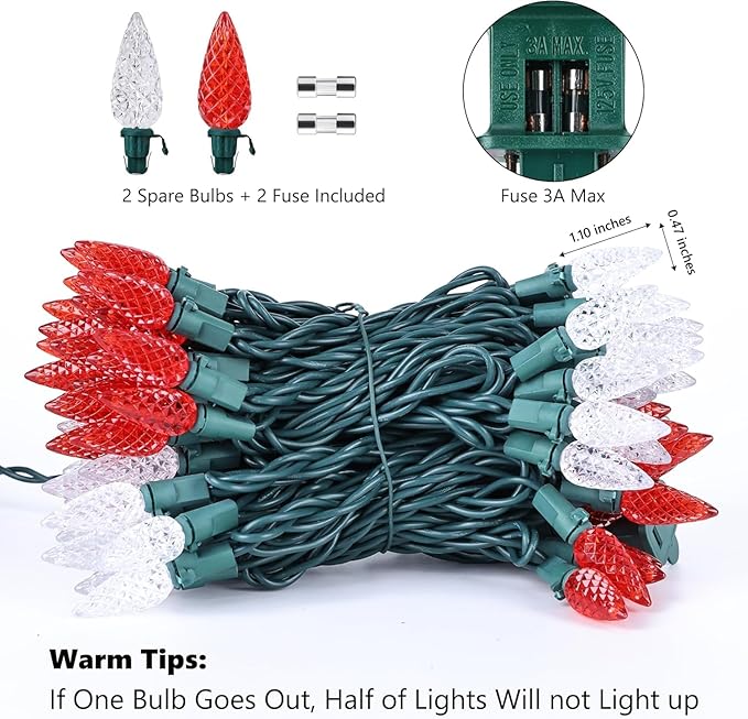 Brizled Red & White C5 Christmas Lights, 33ft 100 LED Christmas Tree Lights, Connectable 120V UL Certified Faceted Xmas Light Outdoor Indoor Xmas Lighting for Christmas Tree Party Roof Decoration