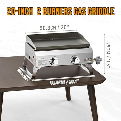 ONLYFIRE GRILLS Tabletop Gas Griddle 2 Burners, Propane Gas Stove, GS319 | Portable Flat Top Griddle for 1lb/20lb Propane, Outdoor Cooking Patio BBQ Camping Tailgating RV, Stainless Steel 16000BTU