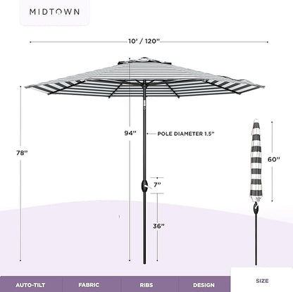 Midtown Umbrellas - 10-Year-No-Fade 10 Ft Patio Umbrella with Terylast Fabric, Auto-Tilt Aluminum Frame and 8 Reinforced Ribs for Deck, Pool, Garden & Beach - Grey/White Stripes Canopy, Black Pole