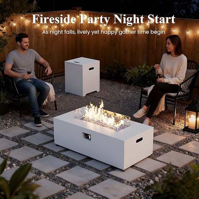 LayinSun 42 Inch Outdoor Fire Pit Table for Outside Patio, 55000BTU Rectangle Propane Firepit with Hidden Fuel Tank, Glass Wind Guard, Waterproof Cover and Lid