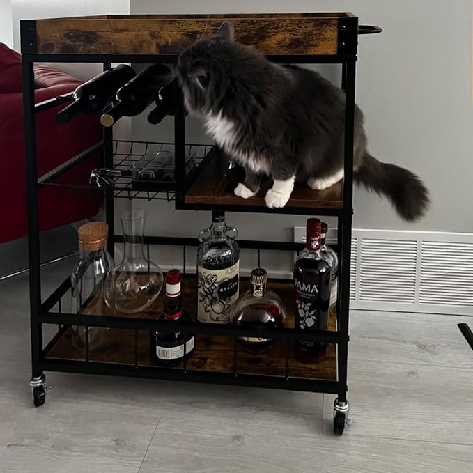 Bar Cart with Basket Wine Rack with Wheels Wood Metal Cart | Basket