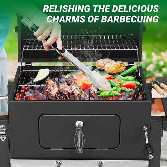 Charcoal Grill Barbecue Grills with Thermometer, Foldable Side Table and Wheels, Heavy-duty BBQ Grill for Garden Party Picnic Hiking Backyard Cooking, Easy to Assemble, Asadores de Carbon (Black)