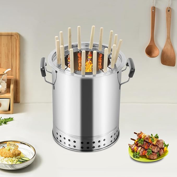 Portable Charcoal Grill, Compact Smokeless BBQ Charcoal Grill Stainless Steel Charcoal Kebab Grill, 360° All-Round Roasting BBQ Stove for Outdoor Cooking, Camping, Picnic, Backyard (16 Skewers)