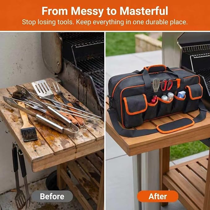 Grill Tool Storage Bag, 22"Large Capacity BBQ Tool Bag with 6 Pockets, 1680D Heavy Duty Blackstone Griddle Accessories Storage, Outdoor Camping Utensil Organizer with Shoulder Strap, Bag Only