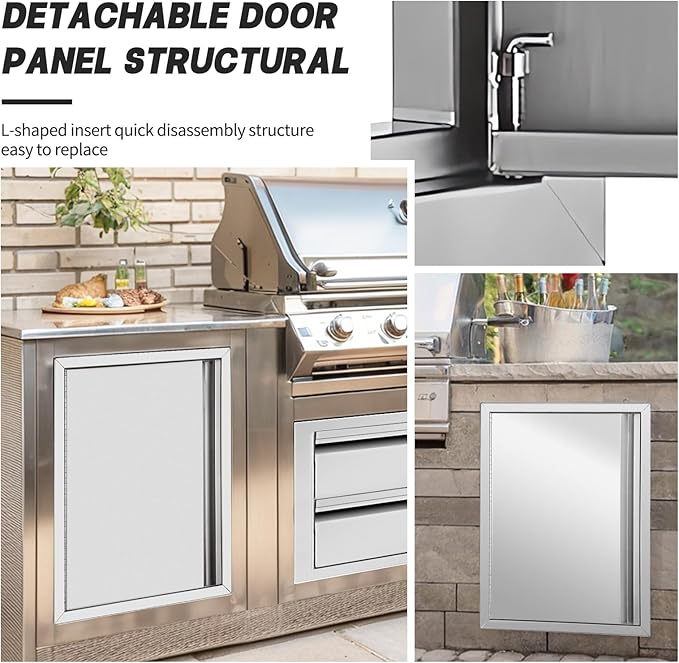 Stainless Steel Outdoor Kitchen Single Handleless BBQ Door, 18W 24H inch Opens Left or Right, Kitchen Cabinet Grill Station or BBQ Island