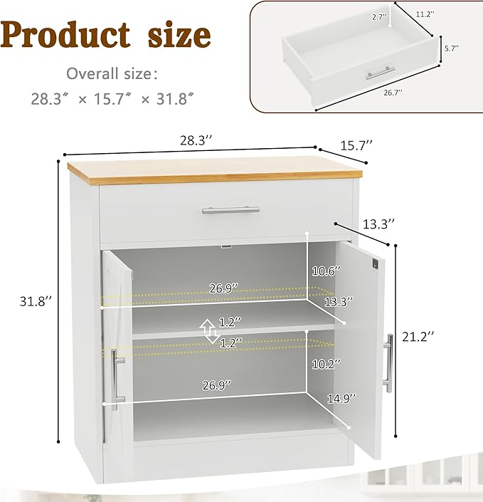 Vongrasig Farmhouse Coffee Bar Cabinet, Small Sideboard Buffet with Storage, Modern Kitchen Storage Cabinet with 1 Drawer and 2 Doors for Kitchen, Dining Room, White